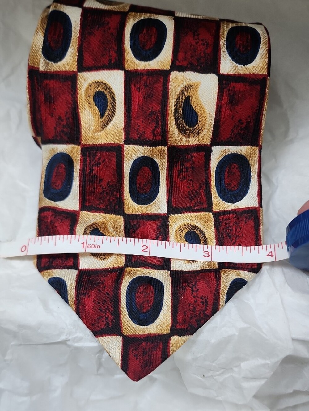 Ferrell Reed Geometric Pattern Necktie in Red, Gold & Navy - Picture 3 of 8
